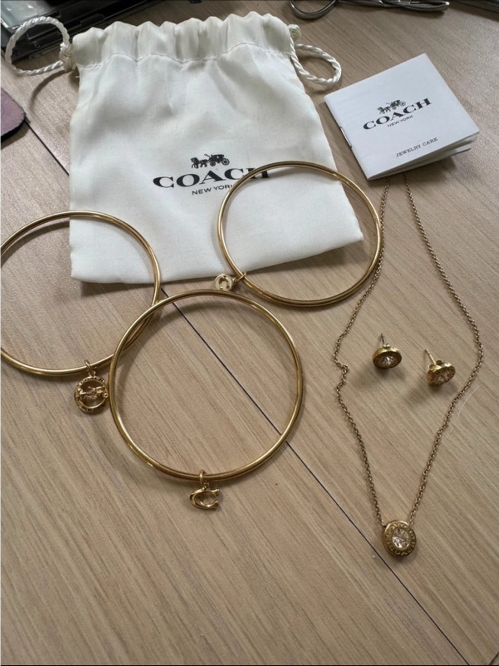 Coach Gold-Tone Signature Charm Bangle Trio with Pendant Necklace and Studs NWOT